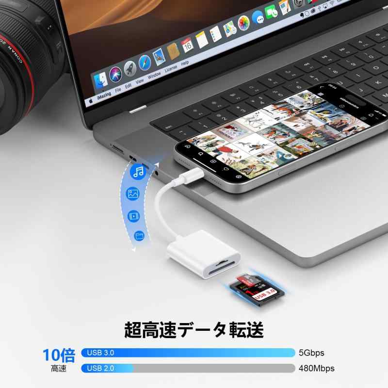 フローイングgtのVedfoad SDカードリーダー 2in1 カメラリーダー USB 3.0 OTG機能 カードリーダー Type-C 写真・ビデオ・データ 双方向転送 SD/TF カード対応【SD、SDHC、Micro SD、Micro SDXCなど】iPhone 1｜アングル3