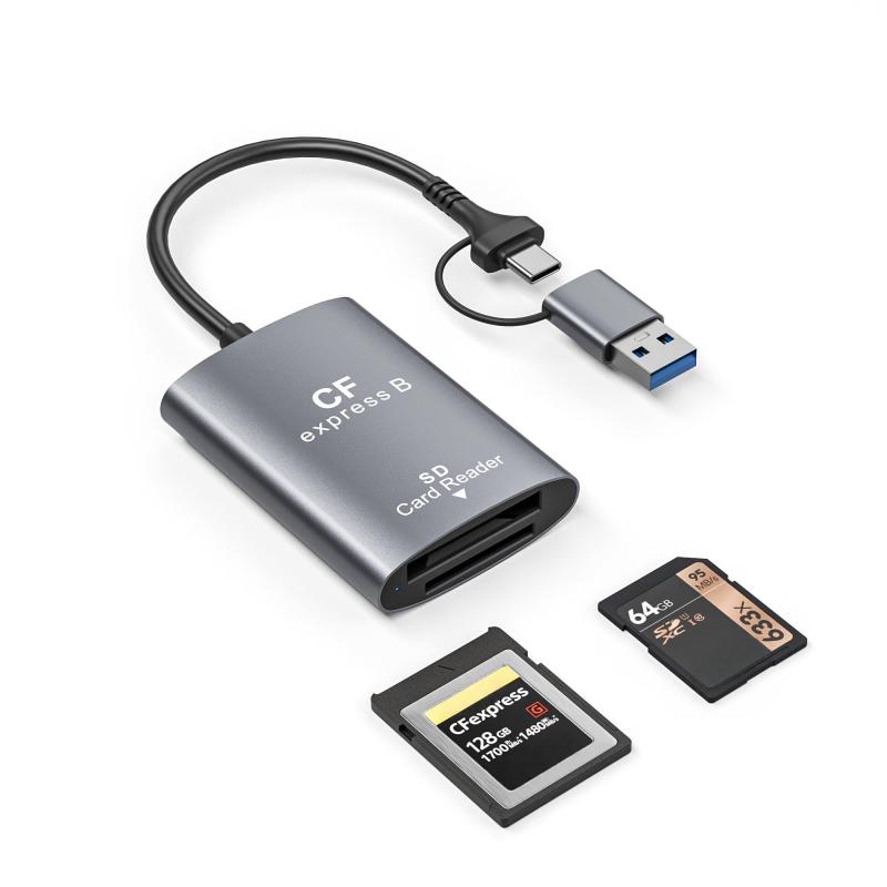 TREE DREAM CFexpress Type B SDカードリーダー, デュアルポートUSB-A/Type-C搭載, 10Gbps高速転送, アルミ合金製，即時認識機能，コンパクト設計