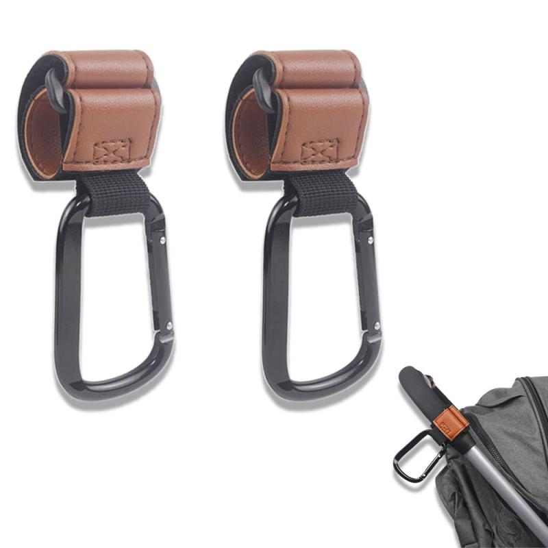 TUDOUZZZ ベビーカー フック バギーフック 大きいカラビナ ベビーカー 荷物フック 高級PU革 縫製・高級アルミ合金素材 頑丈 マジックテープ カラビナ バギーフック エアバギー 2個入り（ブラ
