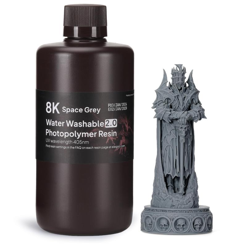 樂天商城 - ELEGOO 水洗い可能レジン2.0 8k光造形3Dプリンターレジン 1000g低収縮 高精度 高耐久性 LCD/DLP/SLA樹脂プリンター用高速硬化フォトポリマー樹脂 395-405nm UV硬化3Dレジン スカイグレー