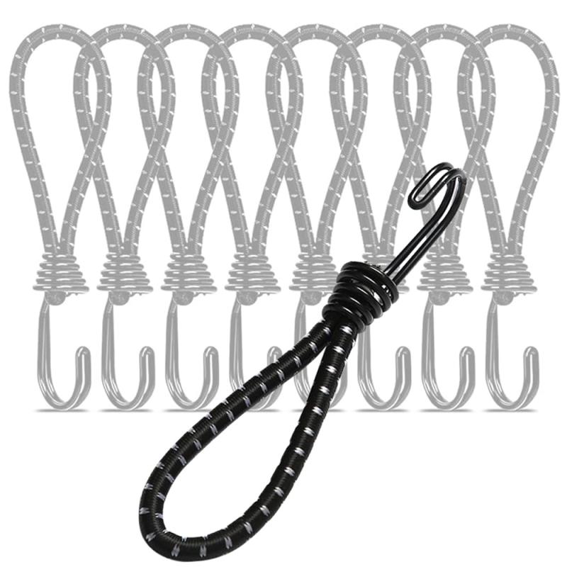 弾性ロープフック、テントフック張り網ダブルフック縫製布部品防水シート部品、固定革紐、伸縮ロープフック、アウトドアキャンプアクセサリー引き紐、8点セット（ブラック）