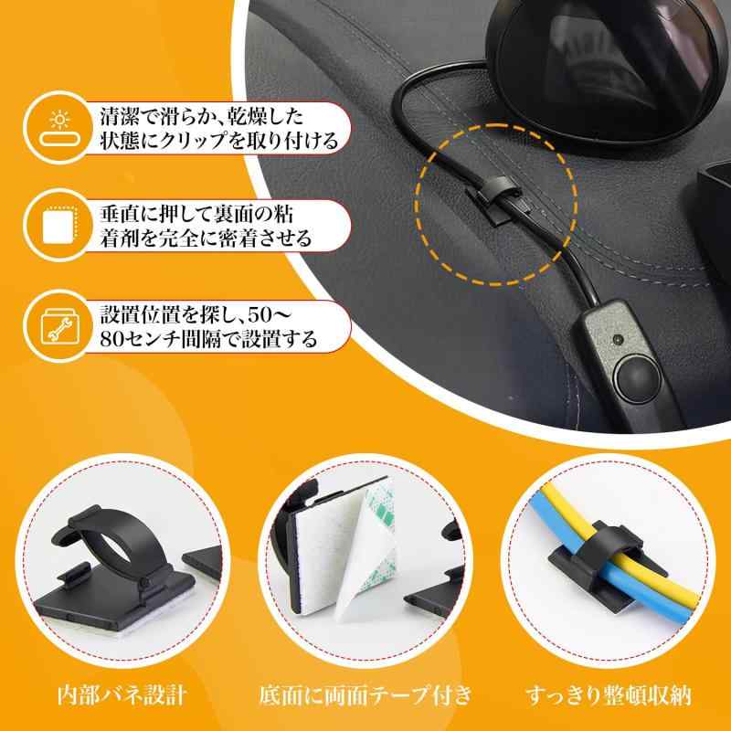 ケーブルクリップ 40枚セット コードクリップ ブラック/ホワイト 強力接着式 配線整理 ケーブルほろい 車内/デスク/家電用 粘着シート付き