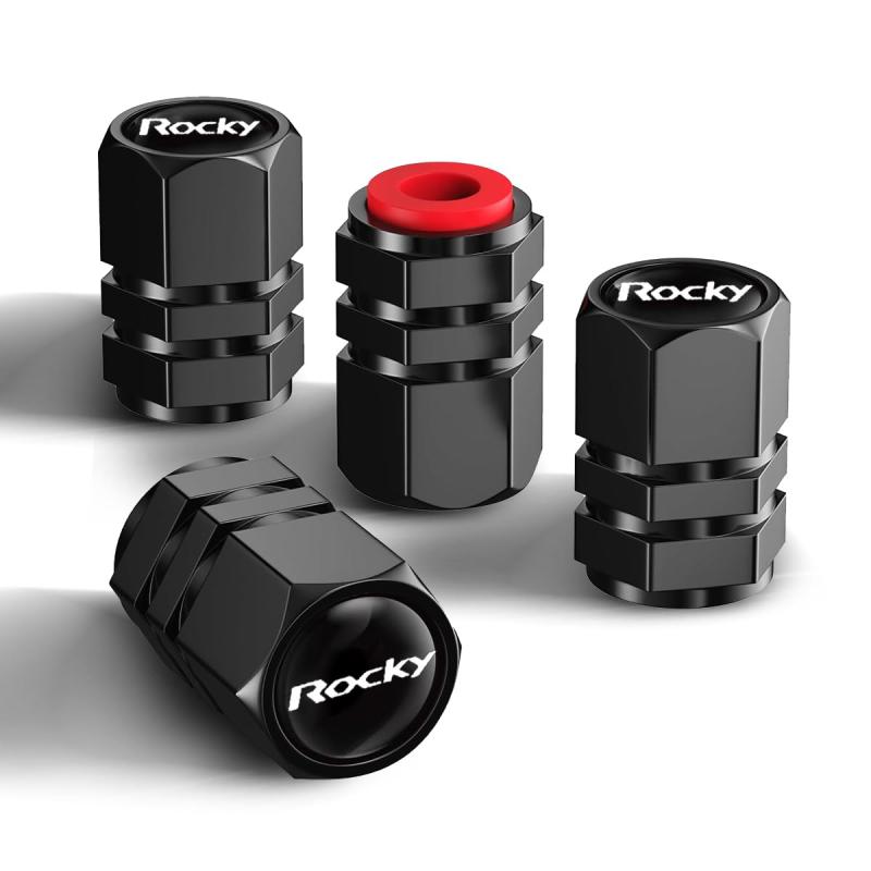 Rakuten - ロッキー エアバルブキャップ ロッキー A200S/210Sなどの車種に適用 アルミ合金製 軽量 高強度 腐食防止 ドレスアップパーツ 車 自動車 タイヤバルブ カッコいい 4個入 (ROCKY, ブラック)