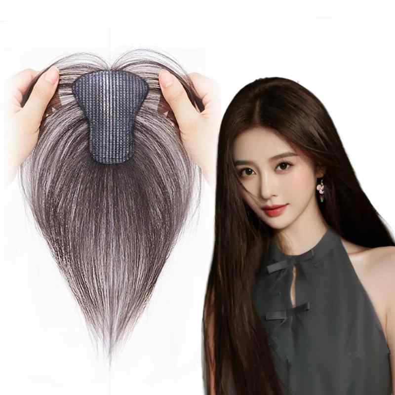 マジックシール付き部分ウイッグ ナチュラル 夏用軽量 真夏のウィッグ 頭頂部用ヘアピース 白髪隠し 日常通勤対応 トップカバー 分け目ウィッグ