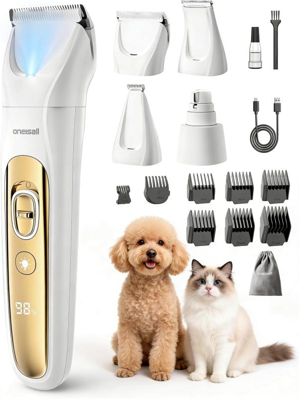 【愛犬の日プレゼント】Oneisall Pro 4in1 犬 バリカン 切れ味バツグン 全身カット対応/LEDライト付き トリミングの精密性UP/爪·体·顔周り·お尻周り·足裹/低騒音 小型犬·大型犬·老犬·猫 電動