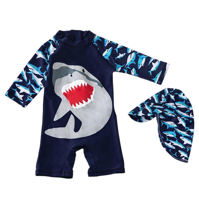 [Moerstar] ベビー 男の子 水着 サメ柄 子供 長袖 水着 ラッシュガード UVカット 海 プール ビーチ 水遊び ワンピース型 スイムウェア 2点セット