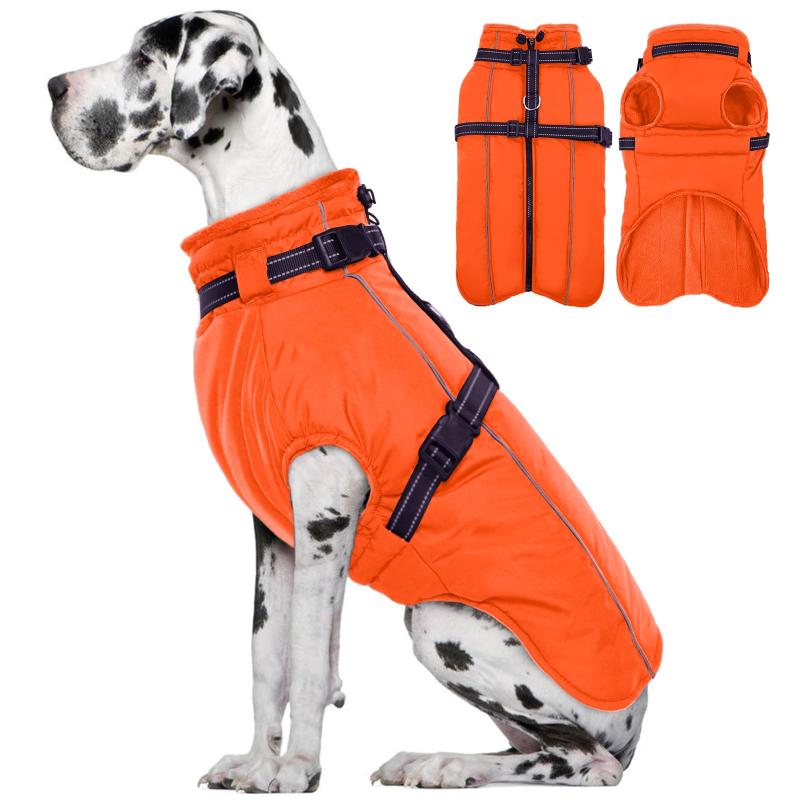 Rakuten - Lelepet 犬用コート 冬 犬服ジャケット 背中開き 防寒 暖かい 犬服 着脱簡単 保温 ペット綿服 戸外運動 防風服 ハーネス付き 冬服コート (オレンジ, 3XL)