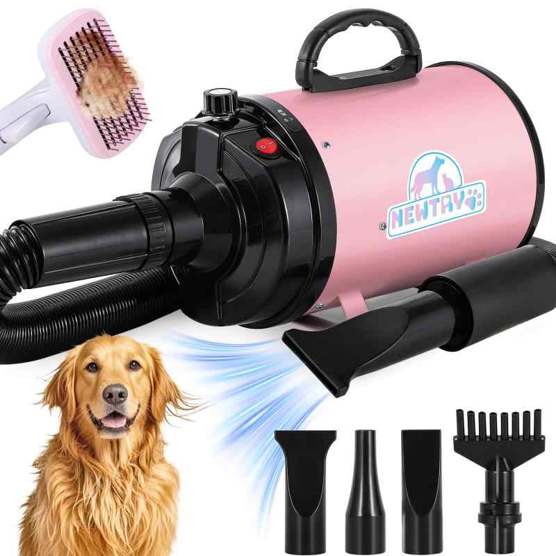 NEWTRY ペットドライヤー 犬用 ペット用 ドライヤー ブロワー 送風機 無段階速度制御 四つのノズル付き ブラシ付き 風速、温度調整可能 大風量 騒音低減 100V 50Hz/60Hz 650-1800W(ピンク)風速、温度調節：周囲温度や加熱ボタンのオン・オフに応じて、吹き出し温度は約30～55℃で、過度な温度でペットの皮膚と被毛を傷めることを避けることができます。無段階変速ボタンが付き、ペットの体型や毛の長さに合わせ、風速を20～70M/Sで調節可能です。強いブロー力：ブロー力は780G（±5%）に達し、ブロー効率を向上します。小型犬であれば約10分、大型犬であれば約20分で毛を乾かせ、時間と労力を節約できます。騒音低減：各部の改良により、機械作動時の騒音レベルは約57-77dBに低減されました。1.厚みを増した金属ハウジング2.厚いフィルター3.内蔵騒音低減部品4.5cmの複合断熱スリーブ：耐酸化・耐熱ホースの手持ち部分に4.5mmの複合断熱スリーブを追加し、使い心地が良いです。防塵デザイン：交換可能な厚いフィルターは吸気音を低減するだけでなく、ほこりなどの侵入を防ぎ、機体の故障を減らします。バックカバーのネジをひねるとバックカバーを開けることができ、フィルターのほこりをきれいにするのに便利です。応用：犬や猫などのペットの毛を速く乾かし、スタイリングすることができます。ペットショップ、ペットサロン、ペットホテル、ご自宅での使用に適しています。