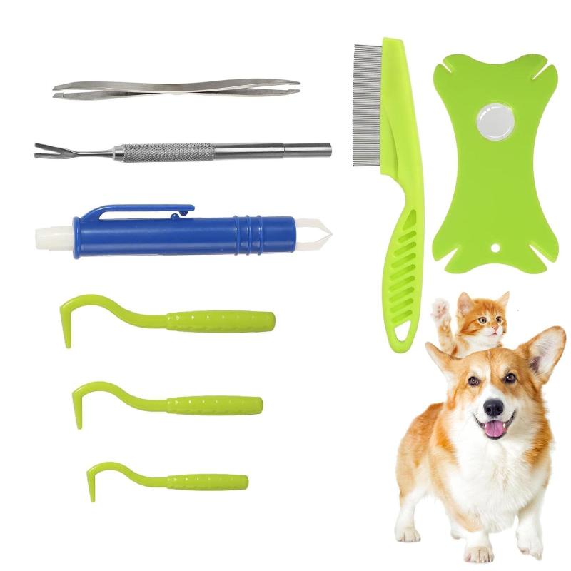 ダニ除去ツールキット 8 in 1 犬猫用 収納ボックス付き 効果的で安全で簡単 ステンレススチール製 ノミ取りコームとダニ取りピンセット 人間とペット用 (拡大鏡付き)