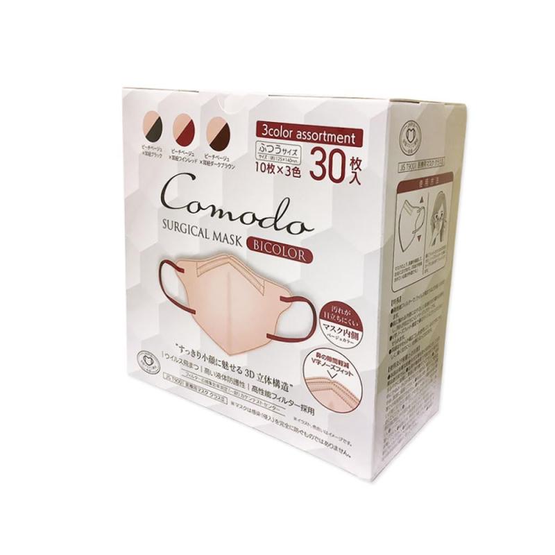 [株式会社IDK] コモドサージカルマスク ふつうサイズ（約125×140mm） 医療用マスク クラスIII Comodo SURGICAL MASK 全国マスク工業会会員 (1, ベージュ 30枚入/箱 （10枚×耳紐3色（ブラック/ワインレッ