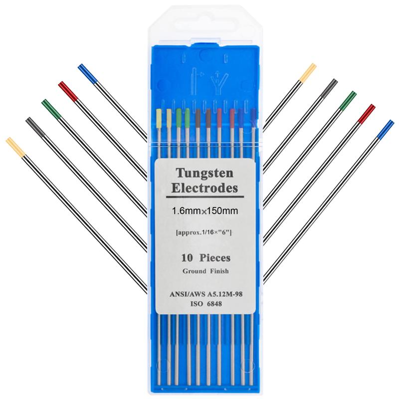EATBALE TIG溶接用タングステン電極 混合包装 1.6x150mm、純タングステン2本+2%セリウム(グレー)2本+1.5%ランタン(ゴールド)2本+2%ランタン(ブルー)2本+2%トリウム2本 10パック