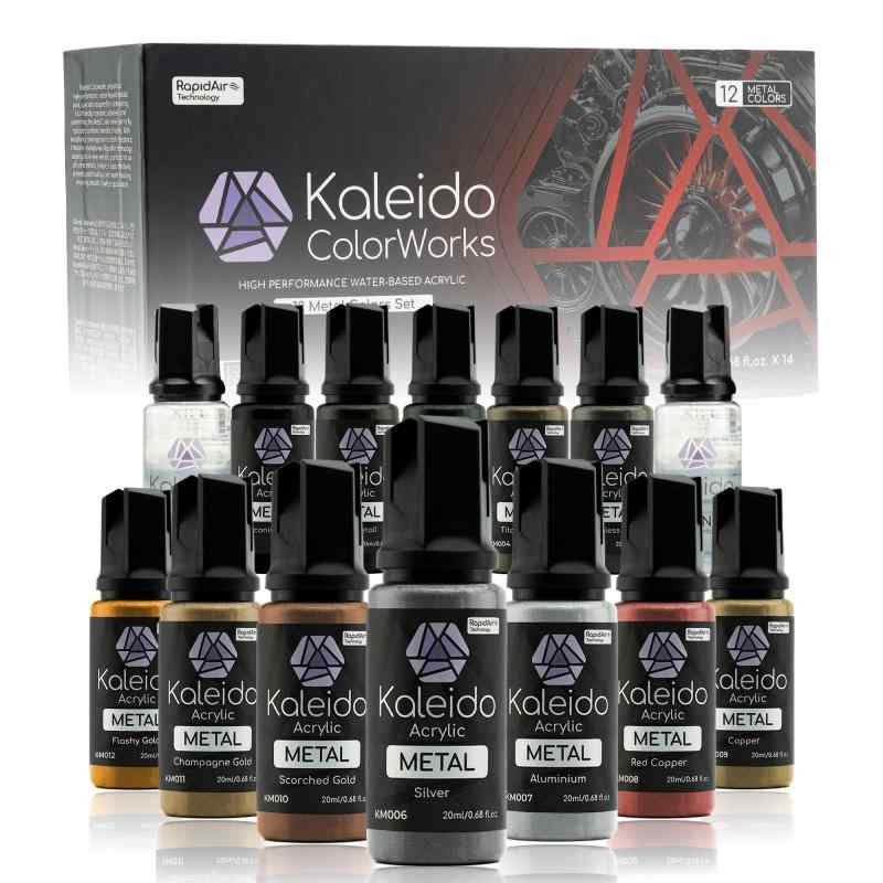 Gaahleri Kaleido Metal 12色セット – 水性アクリル メタリックエアブラシ塗料キット カーモデル、ガンダム、ガンプラ、メカ用 – 希釈済み、高光沢、速乾性、シンナー＆クリーナー付き