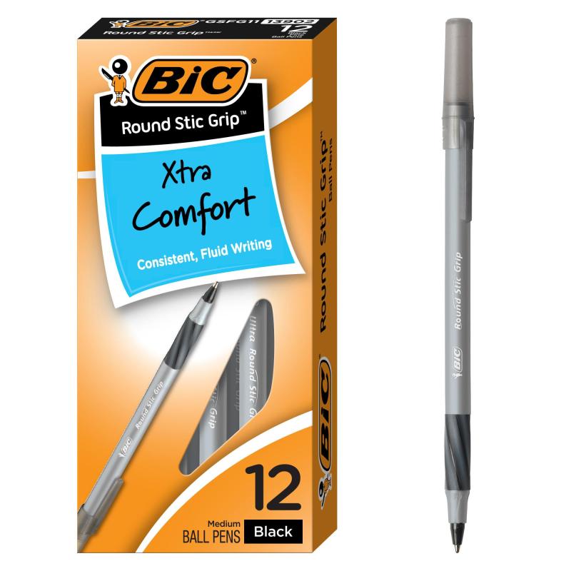 Rakuten - BIC ラウンドスティックグリップ エクストラコンフォートボールペン、中字(1.2mm)、ブラック。
