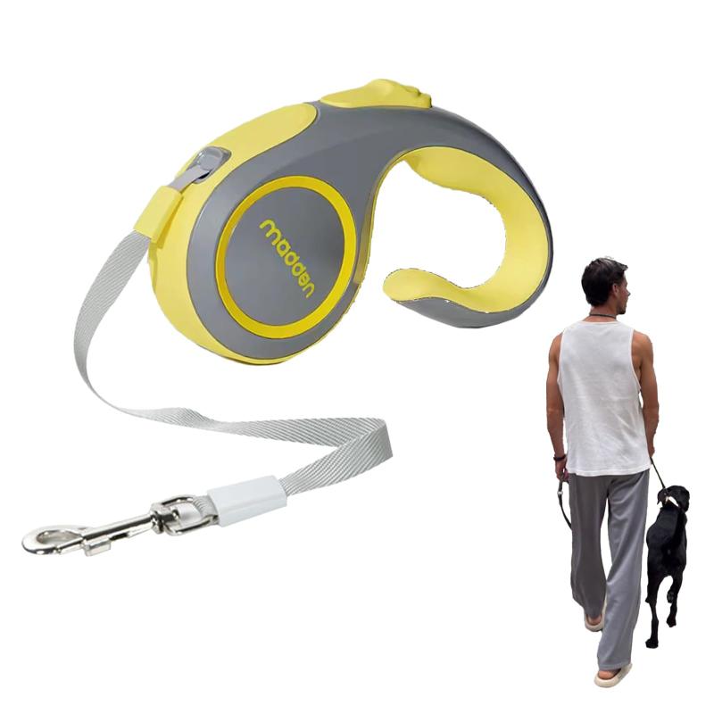 DIZIZA 犬用ロングリード 伸縮式 5m 自動巻き取り 伸びる 耐摩耗 滑り止めC型ハンドル ワンタッチロック 360°絡まない設計 小型犬も中型犬対応 トレーニング用 散歩（イエロー）