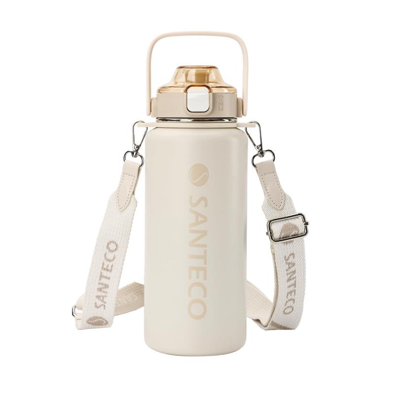 Rakuten - SANTECO 水筒 真空断熱スポーツボトル 1.2L 取りはずしでき肩に 保冷 保温 魔法瓶 ストロー付き 直飲み スポーツドリンク対応 おしゃれ 広口 (クリーム)