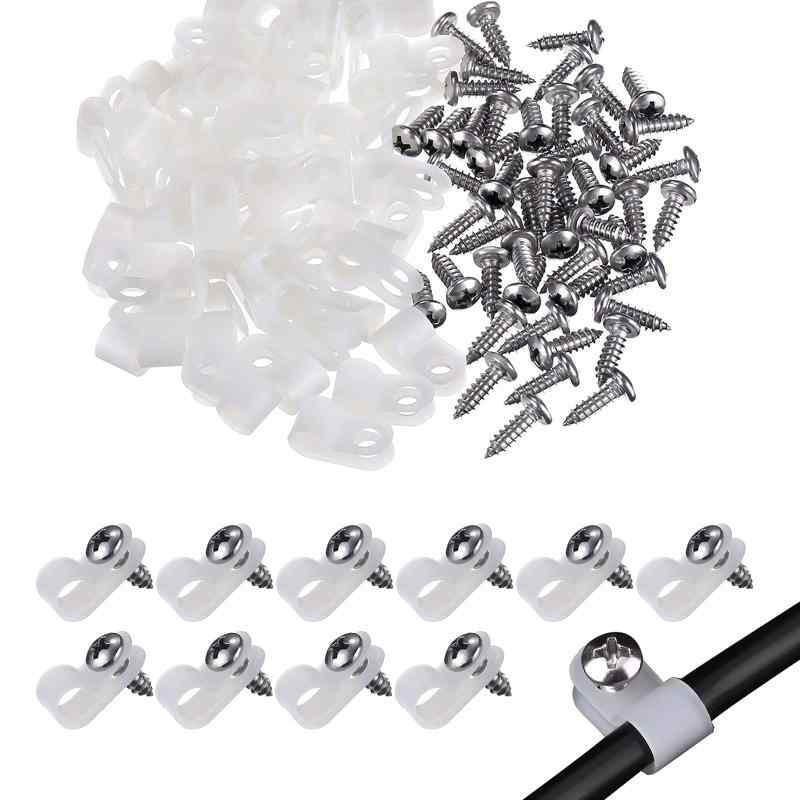 VIPMOON ケーブルクリップ ネジ止め 100個入り 直径10.4mm ケーブルホルダー 壁 固定 Rタイプ ケーブルクランプ ネジ付き コードクリップ ナイロン コードフック ケーブル収納 コード管理 ケーブ