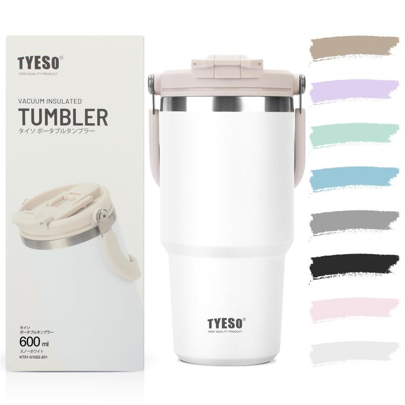 樂天商城 - TYESO タンブラー ストロー付き 600ml 水筒 保冷保温 大容量 ステンレスボトル 蓋付き こぼれない ウォーターボトル 持ち運び 取っ手付 真空断熱 二重構造 広口 直飲み 漏れない アウトドア お