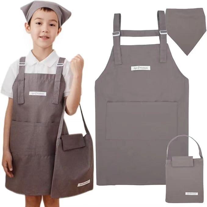 Rakuten - [ANJOU] エプロン子供用 三角巾 袋付き 学校用 防水 シンプル H型 男女兼用 北欧 無地 ポケット付き 幼稚園 小学校 120cm 130cm 140cm 150cm 160cm(gray, M(140cm~160cm))