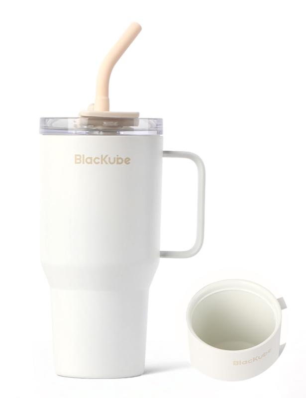 Rakuten - Blackube 车载対応 真空断熱タンブラー 秋冬カラー 600ml 水筒 セラミックコーティング 底面外径65mm 車載用カップホルダーに適合 ステンレス製 保温保冷 ストロー&ハンドル付き ソイミルク