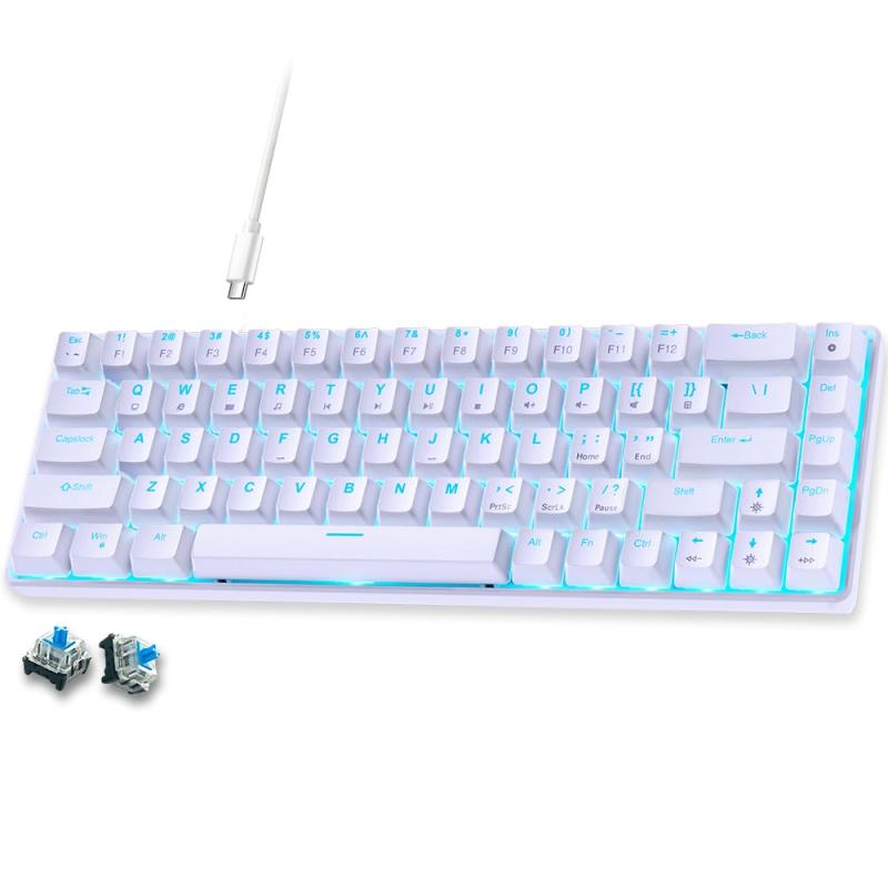 Abucow 65％メカニカルゲーミングキーボード 青軸 有線コンパクトキーボード ブルーLEDバックライト付き 交換可能なホワイトキーキャップ Windows/Mac対応クリック感のある青軸 – 心地よい打鍵音と触感 青軸スイッチにより、すべてのキー入力を音と感触でしっかりと感じ取れます。クラシックな「カチッ」というクリック音と確かな打鍵感を好むタイピング愛好家やメカニカルキーボードファンに最適。文章作成やプログラミングにもぴったりです。フルアンチゴースト性能 全68キーが同時押し対応で、ゲームプレイやタイピング中もスムーズかつ中断のない操作が可能です。耐久性のあるダブルショット成型のエルゴノミクス設計サスペンションキーキャップを採用。さらに、角度調整が可能なデュアルスタンドと取り外し可能なUSBケーブルを備え、持ち運びやすさと利便性を両立。機能性と現代的な美しさを兼ね備えた設計です。耐久性とスタイリッシュさを兼ね備えたツートンキーキャップ コントラストの効いた白とグレーのキーキャップは、洗練された見た目だけでなく、摩耗や色あせにも強く、長期間にわたって美しさと使いやすさを保ちます。快適さを追求した設計 二段階調整可能なスタンドにより、タイピングやゲーム時に最適な角度へ簡単に調整でき、より快適な姿勢をサポートします編集、配信、プログラミング、ゲームなど、どんなシーンでも——Abucowのコンパクトキーボードはあなたのスタイルにフィットします。