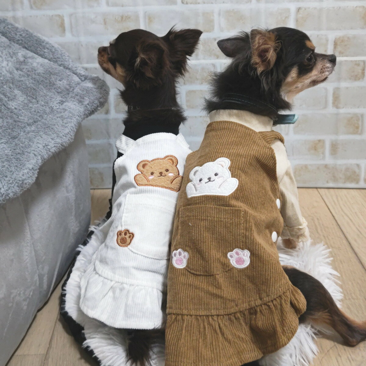 新商品　犬　犬服　犬の服　小型犬　ワンピース 　薄手　コーデユロイ　クマクマワッペンジャンパース..