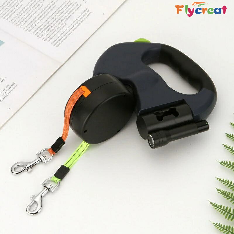 Rakuten - 犬リード 2匹1匹兼用 絡まない2頭引きリード 巻き取り式 伸縮360°回転 LEDライト付き【海外通販】