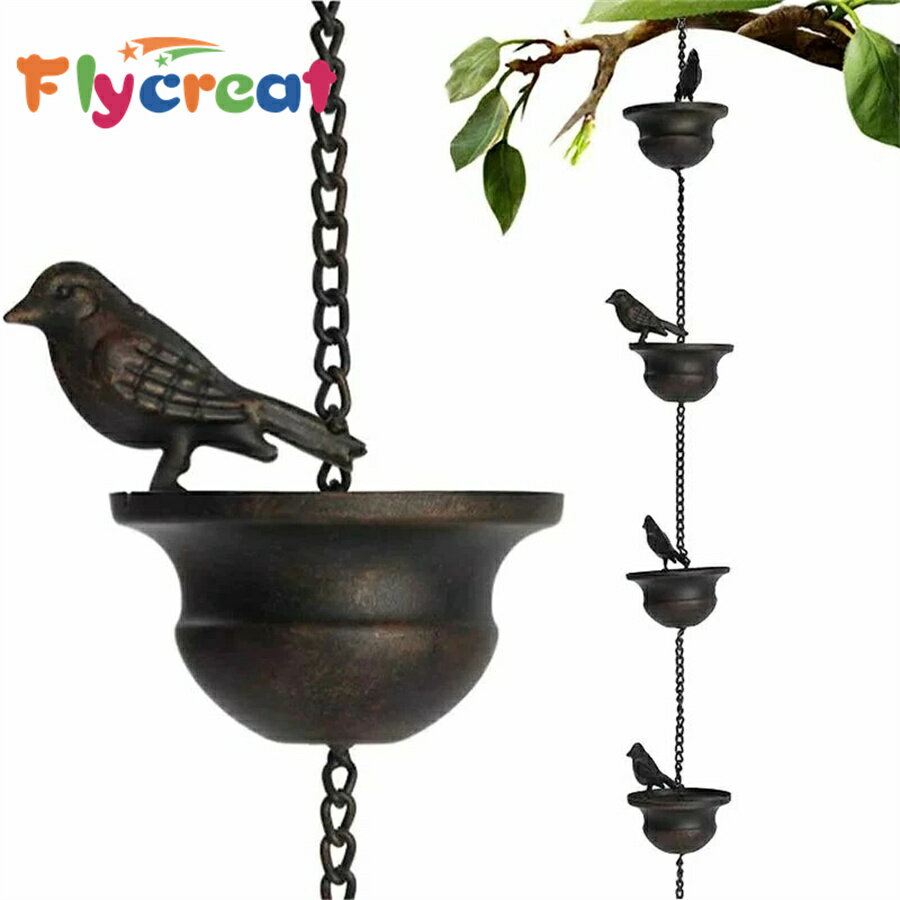 雨樋 雨どい 鎖樋 縦樋レインチェーン, カップ上の鳥 側溝縦樋 モバイル、7.8フィート ダークブロンズ ..