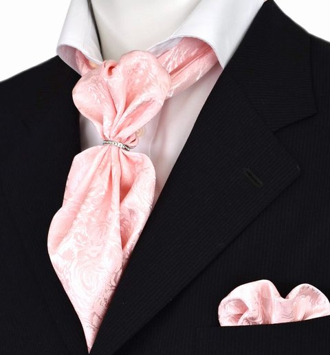 アスコットタイ チーフ セット ギフト プレゼントリング ジャガード織り　3点セットでこの価格　SET-127 ピンクのバラ
