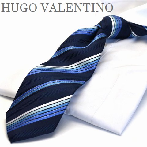 【P2倍】5/14まで ネクタイ 父の日 プレゼント ギフト就活 仮装 コスプレ HUGO VALENTINO ネイビー ブルー ストライプtype-b-248