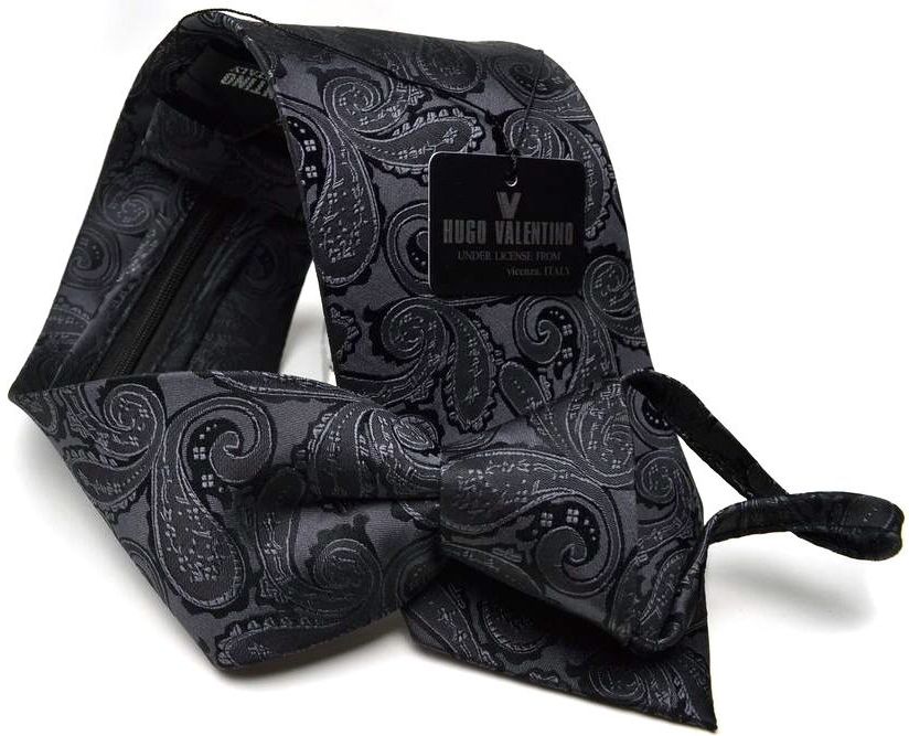 HUGO VALENTINO ワンタッチ ネクタイ 簡単 ワンタッチ ファスナー 簡単装着 ギフト プレゼント バレンタイン 父の日 卒業式 入学式 就活 仮装 コスプレ ペズリー チャコールグレー ブラック WA-12-Y Necktie