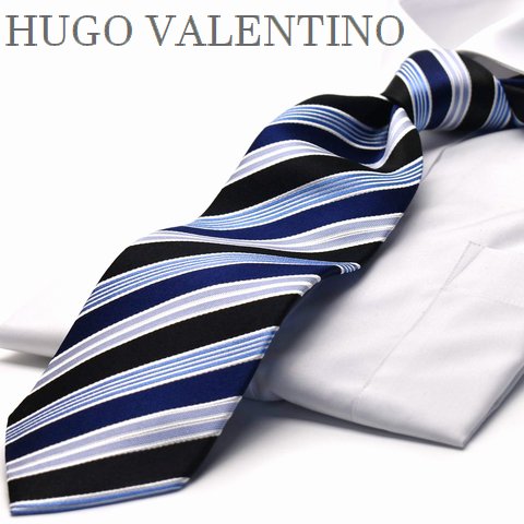 【10】春物入荷 入学 入社 卒業 HUGO VALENTINO/ネクタイ/TYPE-1 水色/ストライプ/ブラック/ブルー/シルク ブランド