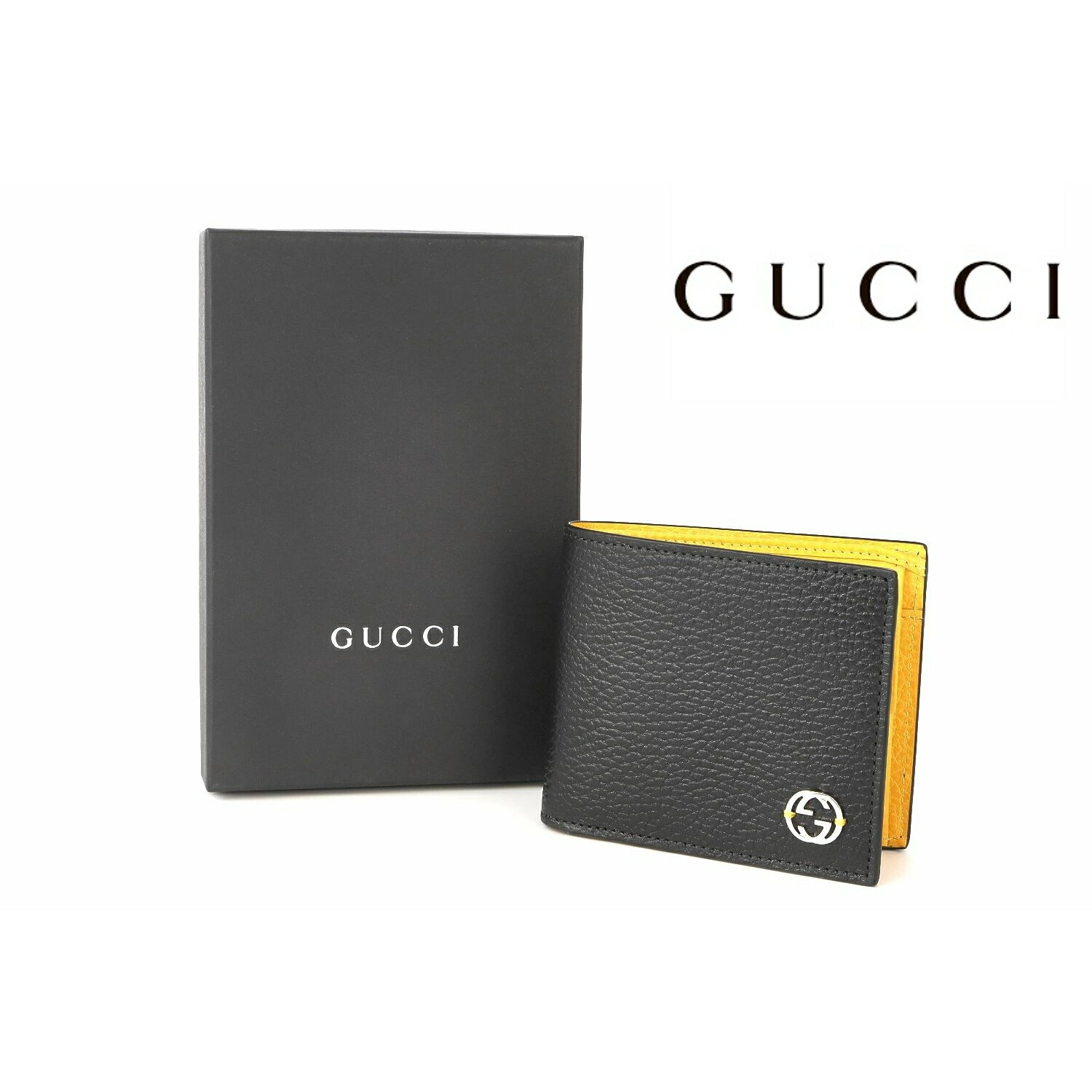 グッチ 二つ折り財布（メンズ） グッチ 財布 メンズ グッチ 財布 二つ折り 610466 GUCCI インターロッキング 小銭入れ メンズ ブラック イエロー 新品 正規品 本物 あす楽 送料無料 プレゼント ギフト ブランド ぐっち サイフ 記念品 人気 アイテム 黄色 金運 GG 天赦日 母の日