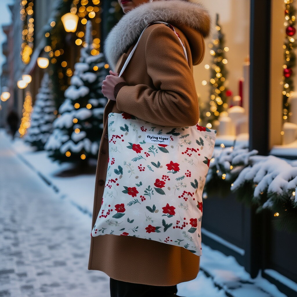 【フライングタイガー公式】トートバッグ クリスマス Xmas 花柄 セイヨウヒイラギ ポインセチア かばん エコバッグ サブバッグ かわいい おしゃれ 37.5×41.5cm 北欧のサムネイル