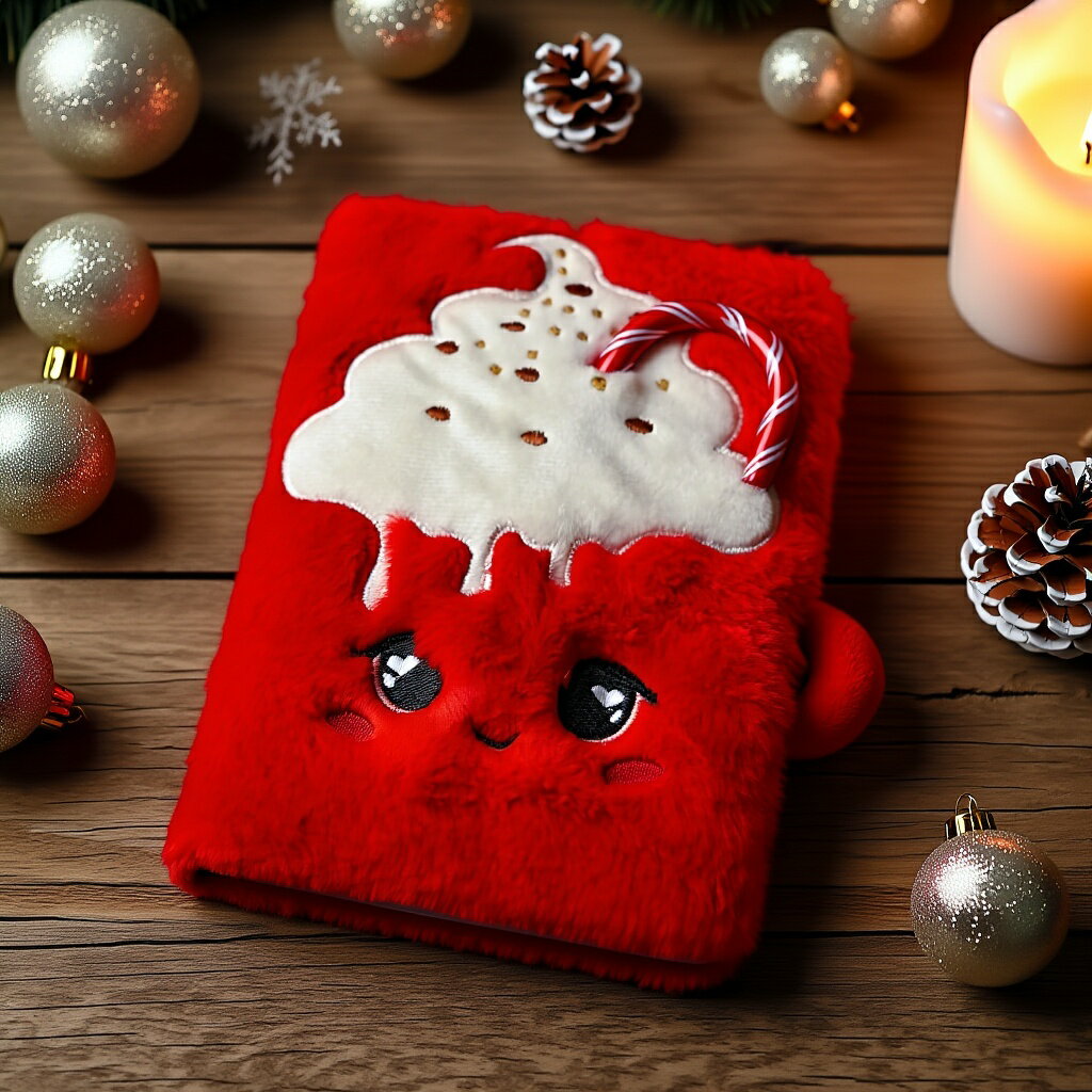 【フライングタイガー公式】ノート ホットチョコレート柄 15.5×19×3.5cm ぬいぐるみ風 カバー 赤 プラッシュ キャンディケイン 文房具 可愛い ダイアリー メモ帳 ギフト クリスマス プレゼント 冬 文具 デンマーク