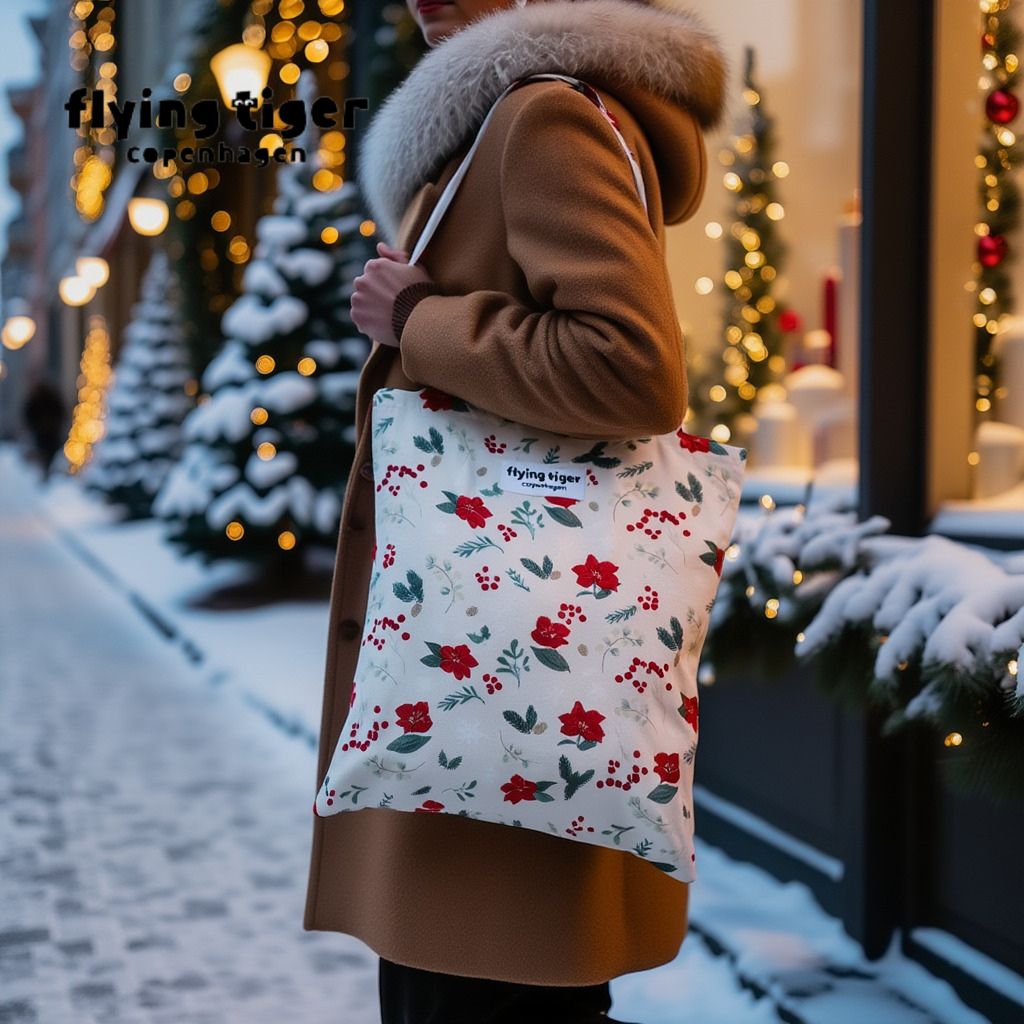 【SALE】【495円→385円】【フライングタイガー公式】トートバッグ クリスマス Xmas 花柄 セイヨウヒイラギ ポインセチア かばん エコバッグ サブバッグ かわいい おしゃれ 37.5×41.5cm 北欧のサムネイル