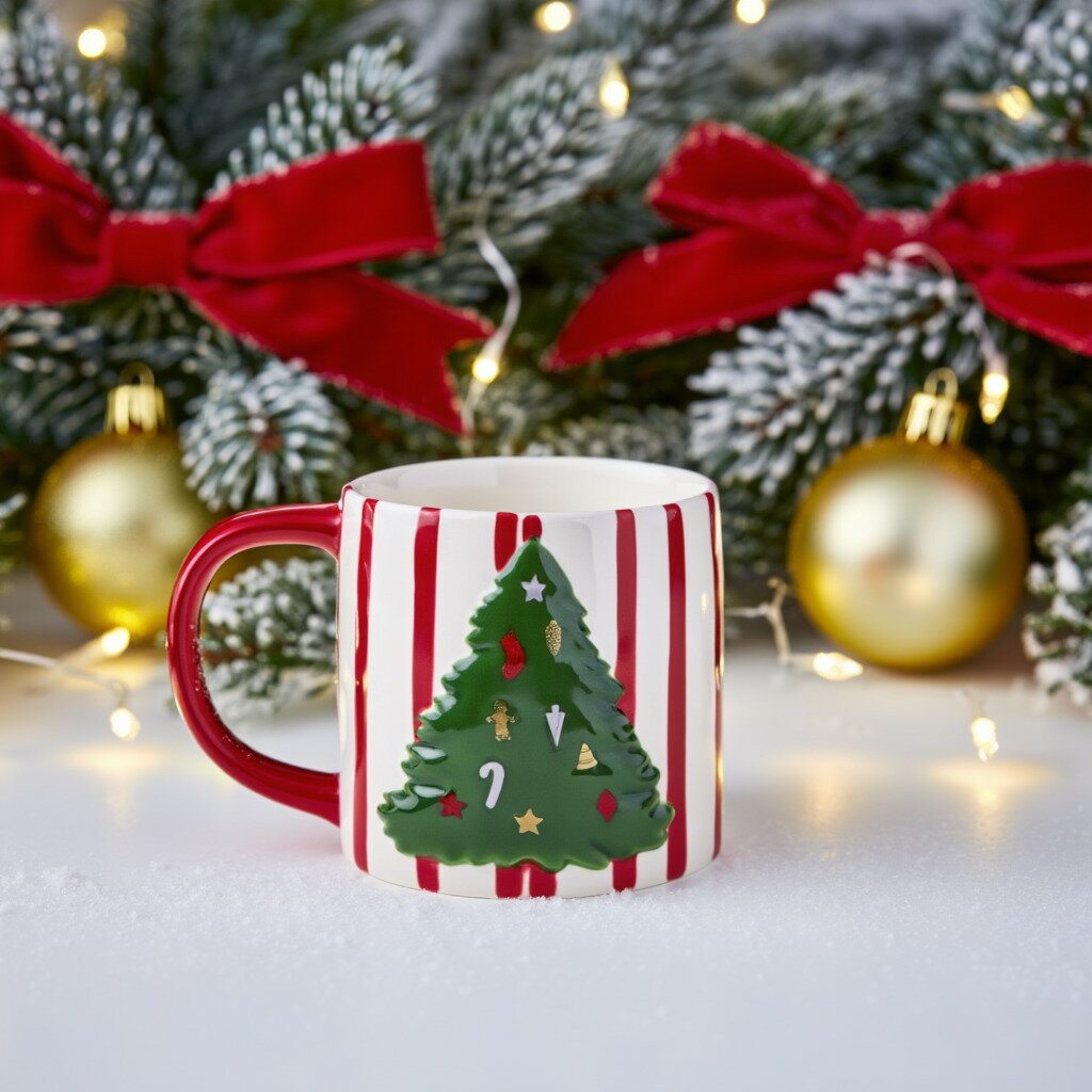 【SALE】【880→770円】【フライングタイガー公式】マグ デンマーク クリスマス マグカップ 容量400ml 陶器製 ストライプ柄 ツリー エンボス加工 ...