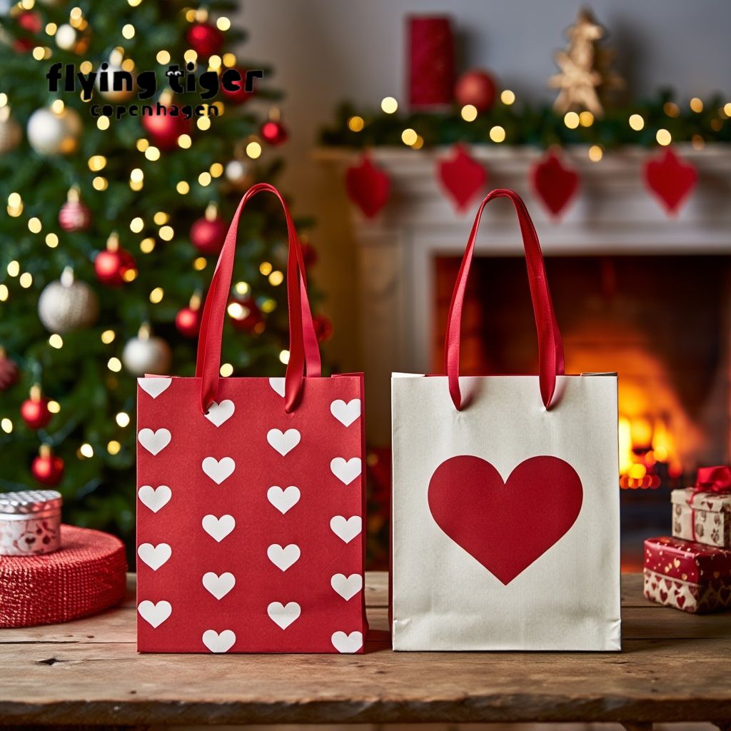 【フライングタイガー公式】ギフトバッグ(2枚セット) 2枚セット 縦18×横15×マチ8cm ハート柄 プレゼント 記念日 クリスマス 多色 紙製 リボン付き ...