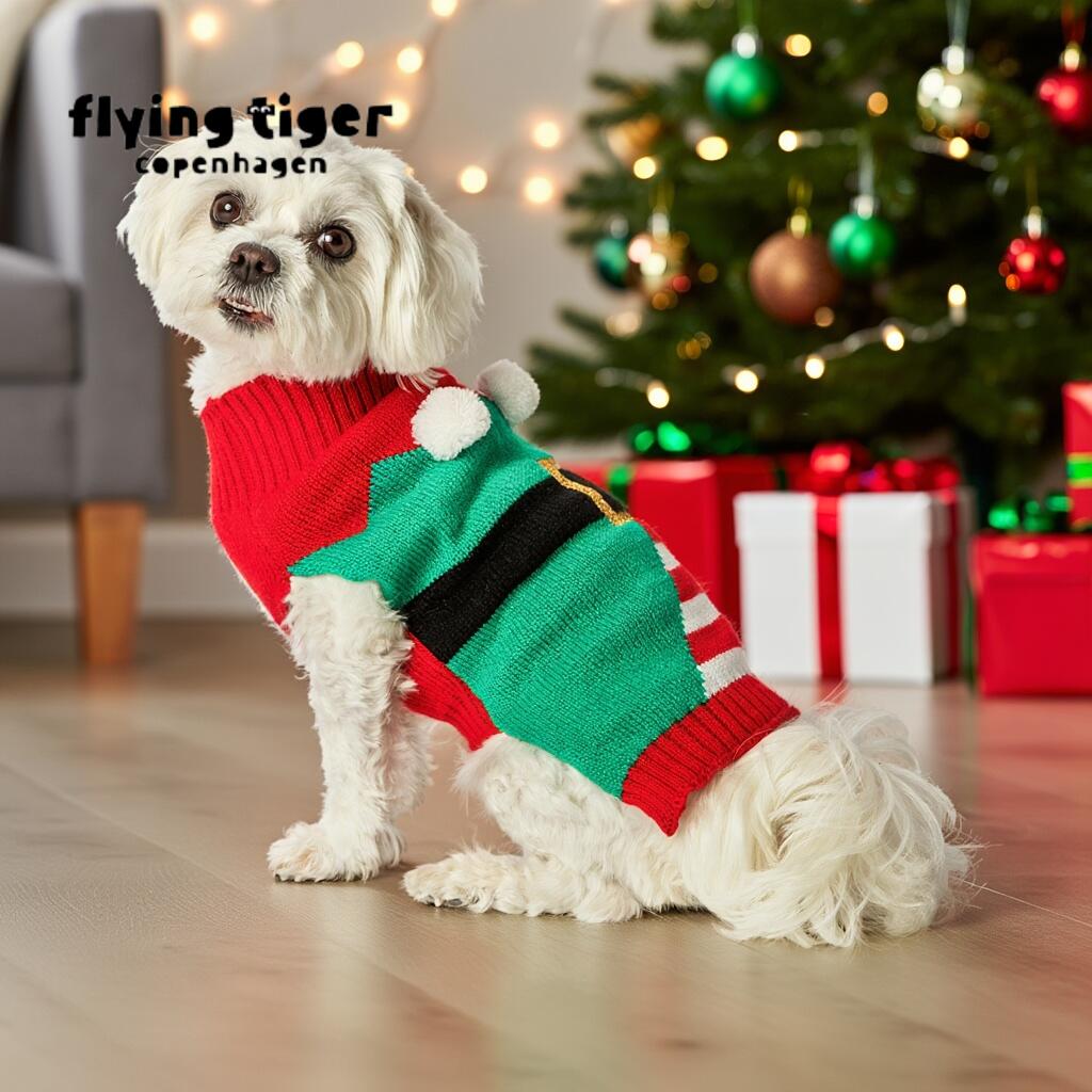 【フライングタイガー公式】ペット用ウエアペット用ウエア ニッセ風 赤 緑 白 ポンポン ベルトプリント..