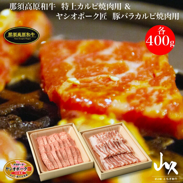 匠の店が厳選した逸品 那須高原和牛 特上カルビ&ヤシオポーク匠 豚バラカルビ 焼肉用 各400g 合計800g｜本州送料込 とちぎの2大ブランド肉の食べ比べ 焼肉パーティ BBQ お取り寄せ ギフト お歳…