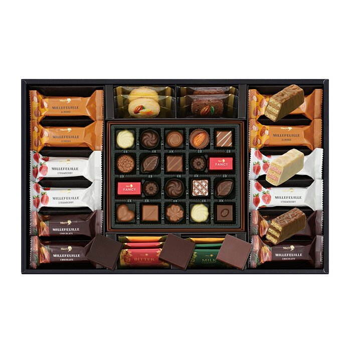 ファンシーチョコレート20個、ミルフィーユ3種 計12個、プレーンチョコレート3種 計6枚、カカオサブレ2種 計4枚※インターネットでのご注文に限り全国一律送料660円（税込、離島は除く）となります。