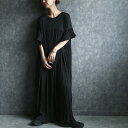 any day エニーデイ ワンピース 半袖 ゆったり プリーツドッキングリラックスワンピース ロングワンピース 体型カバー シンプル きれいめ ブラック 20代 30代 40代 50代 送料無料