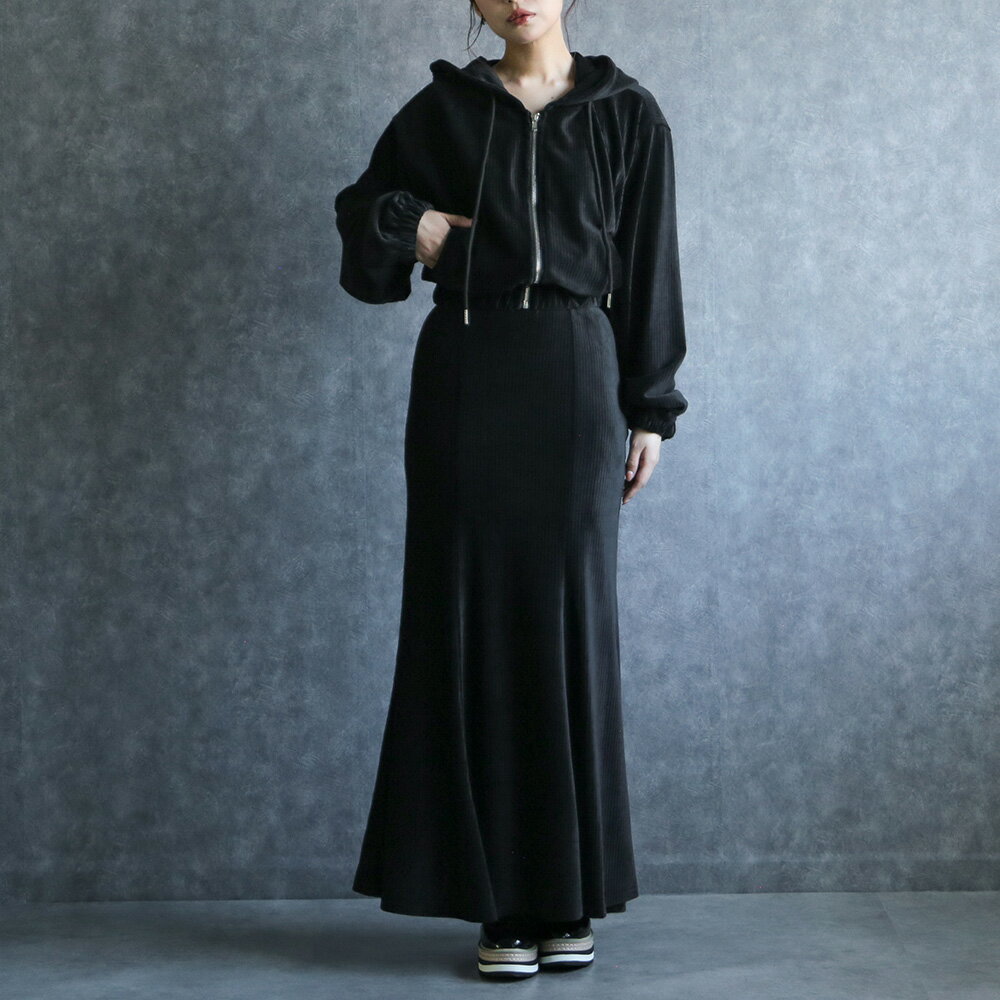 any day エニーデイ セットアップ レディース パーカー マーメイドスカート ベロア ベルベット スウェット フード 長袖 2点セット 上下セット 秋 冬 上品 お出かけ デート 送料無料