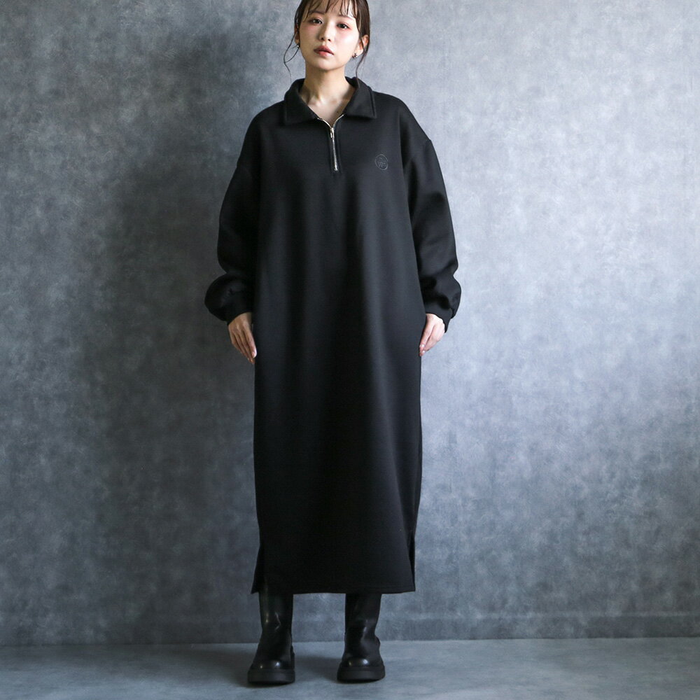 any day エニーデイ ワンピース スウェット 裏起毛 あったか ハーフジップ ポロカラー 長袖 体型カバー ポケット付き カジュアル 厚手 ゆったり おおきめ プルオーバー シンプル ロング丈 マタニティワンピース 妊婦服 秋 冬 送料無料