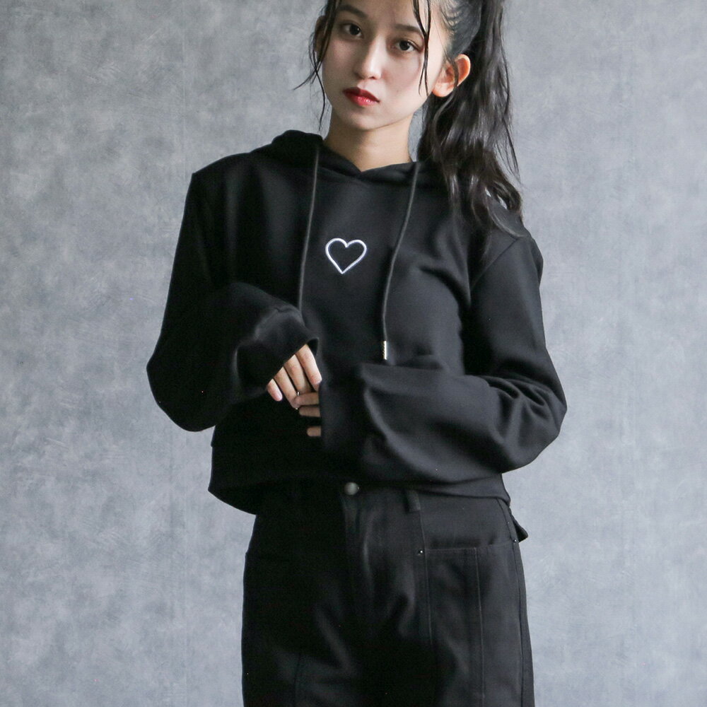 any day エニーデイ パーカー ショート丈 レディース 可愛い ハート 刺繍 ハートポイントショートフーディー トレーナー スウェット 黒 ブラック 10代 20代 送料無料