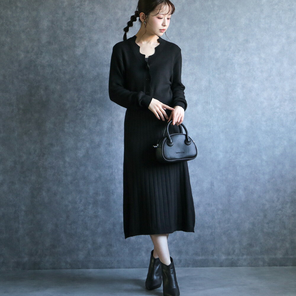 any day エニーデイ ニットワンピース Vネック スカラップ タイト 長袖 レディース 秋冬 黒ワンピ ワンピース タイトワンピース 無地 伸縮性 着?せ きれいめ 大人 デート カジュアル クール モード 送料無料