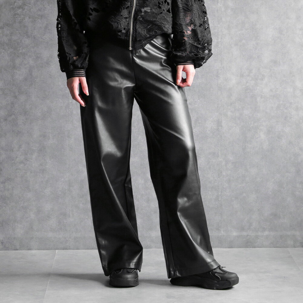 any day エニーデイ フェイクレザーパンツ レディース パンツ ボトムス 黒 ブラック ストレートパンツ ロングパンツ ズボン ストレッチ ライダース カジュアル シンプル 無地 おしゃれ かっこいい 普段使い 送料無料