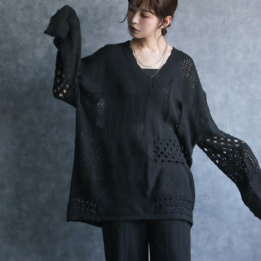 any day エニーデイ ニット ダメージ レディース シアー セーター トップス クロシェ 柄編み プルオーバー 長袖 透け感 チュニック Vネック オーバーサイズ ゆったり お尻が隠れる レイヤード 送料無料