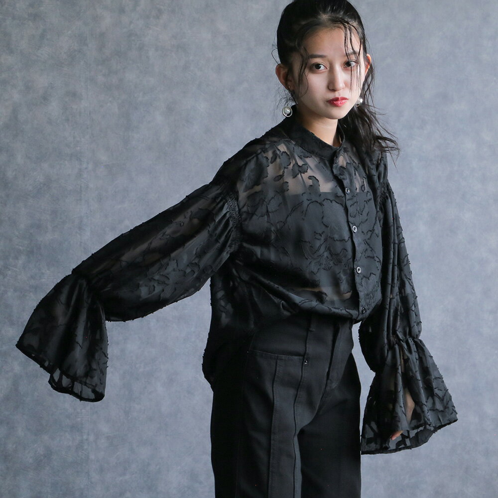 any day エニーデイ ブラウス シャツ シアー レディース フラワージャガードブラウス きれいめ 黒 キャンディースリーブ 長袖 薄手 透け感 花柄 フラワー カジュアル オケージョン デート 旅行 食事会 送料無料