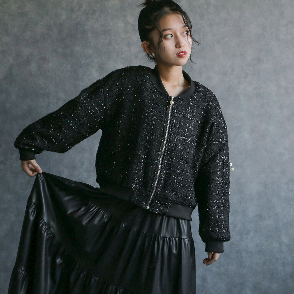 【5%OFF】any day エニーデイ ブルゾン ツイード レディース ma-1 ラメ ラメツイードブルゾン ジャケット ノーカラー 長袖 ショート丈 アウター 秋冬 大人カジュアル シンプル キラキラ ジャンパー 羽織 送料無料