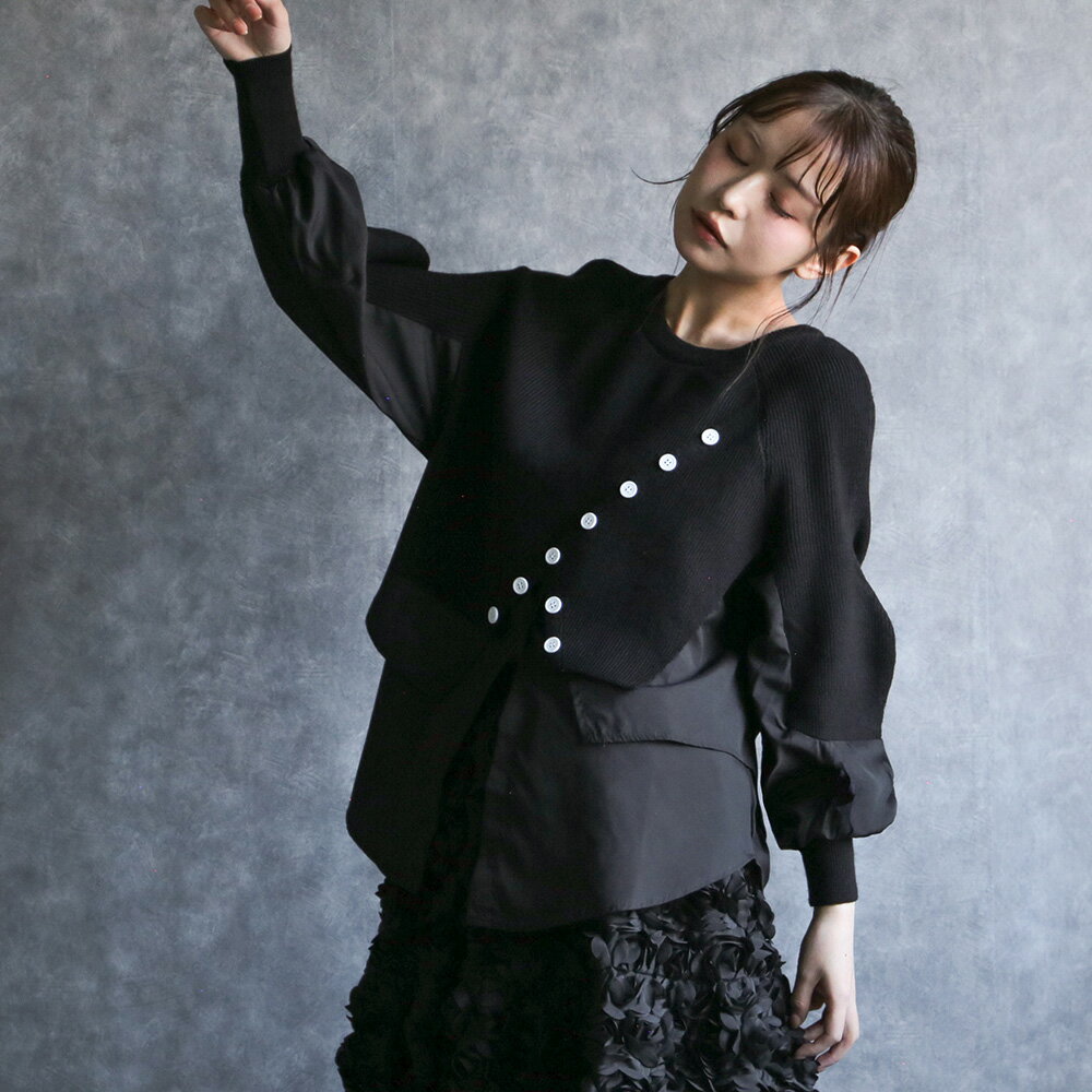 any day エニーデイ トップス ニット セーター レディース シャツ ドッキング シャツドッキングニットプルオーバー プルオーバー シャツレディース 長袖 黒 大人 きれい オフィスカジュアル 送料無料